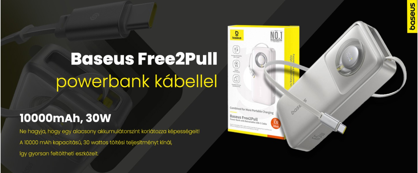 Baseus Free2Pull powerbank kábellel, 10000mAh, 30W 