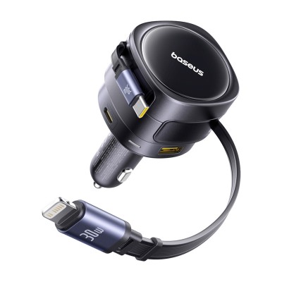 Baseus Enjoyment Max autós töltő USB-C + Lightning és USB-A + USB-C portokkal 90W Fekete