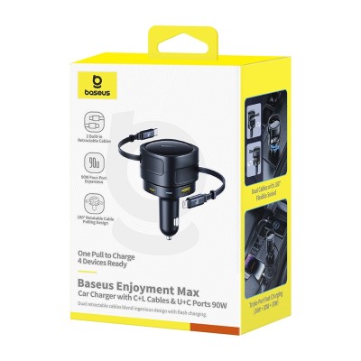 Baseus Enjoyment Max autós töltő USB-C + Lightning és USB-A + USB-C portokkal 90W Fekete