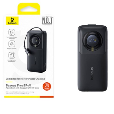 Baseus Free2Pull powerbank kábellel, 10000mAh, 30W fekete
