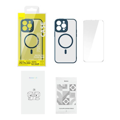 Baseus Frame iPhone 14 Pro Max Átlatszó mágneses telefontok + üvegfólia (kék)