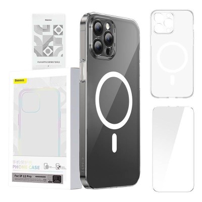 Baseus Crystal Clear mágneses telefontok iPhone 12 Pro-hoz (Átlátszó), Edzett üveg kijelzővédő fólia + Tisztító készlet