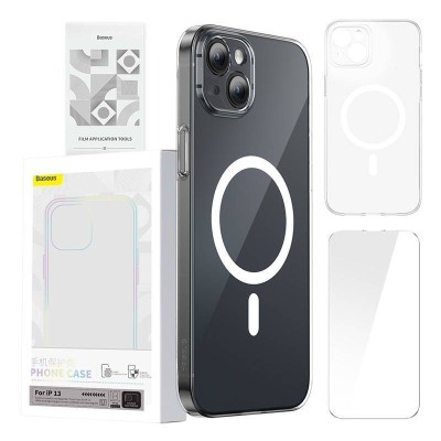 Baseus Crystal Mágneses telefontok iPhone 13-hoz (Átlátszó), Edzett üveg kijelzővédő fólia + Tisztító készlet