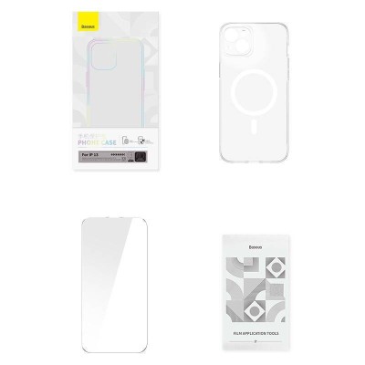 Baseus Crystal Mágneses telefontok iPhone 13-hoz (Átlátszó), Edzett üveg kijelzővédő fólia + Tisztító készlet