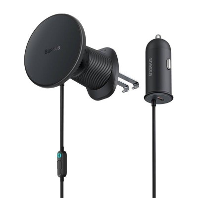 Baseus mágneses (Magsafe) telefontartó szellőzőrácsra, autós töltővel, USB-C, 15W + 25W (fekete) 