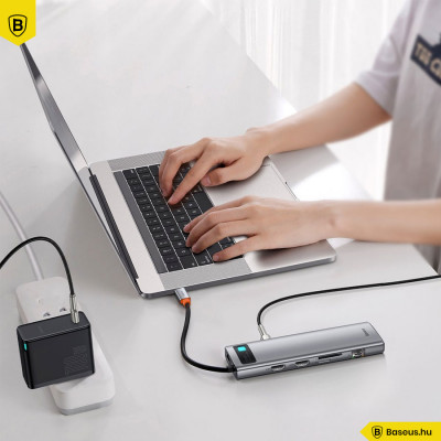 Baseus Metal Gleam Series 11 az 1-ben hub, USB-C - 3x USB 3.0 + 2x HDMI + USB-C PD + Ethernet RJ45 + microSD / SD + VGA + AUX