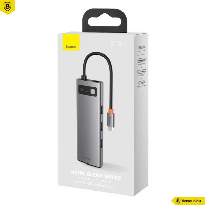 Baseus Metal Gleam 8 in1 Multifunkciónális USB-C HUB - USB-C PD 100W + HDMI 4K 30Hz + 3x USB 3.0 + RJ45 1Gbps + SD/MicroSD kártyaolvasó - Szürke
