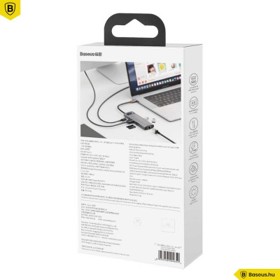 Baseus Metal Gleam 8 in1 Multifunkciónális USB-C HUB - USB-C PD 100W + HDMI 4K 30Hz + 3x USB 3.0 + RJ45 1Gbps + SD/MicroSD kártyaolvasó - Szürke