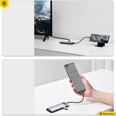 Baseus Metal Gleam 8 in1 Multifunkciónális USB-C HUB - USB-C PD 100W + HDMI 4K 30Hz + 3x USB 3.0 + RJ45 1Gbps + SD/MicroSD kártyaolvasó - Szürke