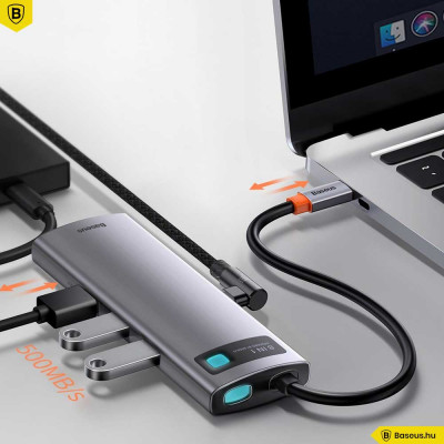 Baseus Metal Gleam 8 in1 Multifunkciónális USB-C HUB - USB-C PD 100W + HDMI 4K 30Hz + 3x USB 3.0 + RJ45 1Gbps + SD/MicroSD kártyaolvasó - Szürke