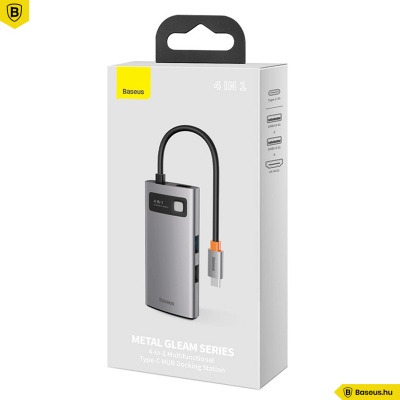 Baseus Hub 4in1 Metal Gleam sorozat, USB-C - USB 3.0 + USB 2.0 + HDMI + USB-C PD - szürke