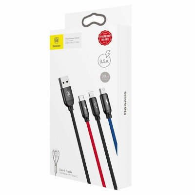 Baseus 3 az 1-ben USB-C / Lightning / Micro USB kábel 3,5A 0,3 m, fekete
