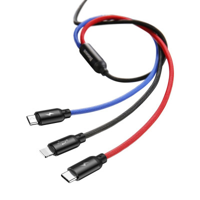 Baseus 3 az 1-ben USB-C / Lightning / Micro 3A 1,2 m-es USB-kábel, fekete