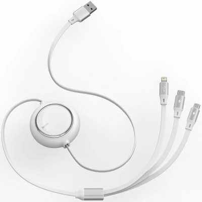 Baseus Bright Mirror behúzható USB 3 az 1-ben kábel, mikro USB / Lightning / USB-C, lapos, 3,5 A, 1,2 m, fehér