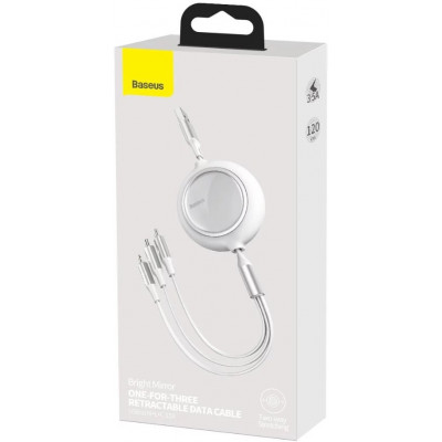 Baseus Bright Mirror behúzható USB 3 az 1-ben kábel, mikro USB / Lightning / USB-C, lapos, 3,5 A, 1,2 m, fehér