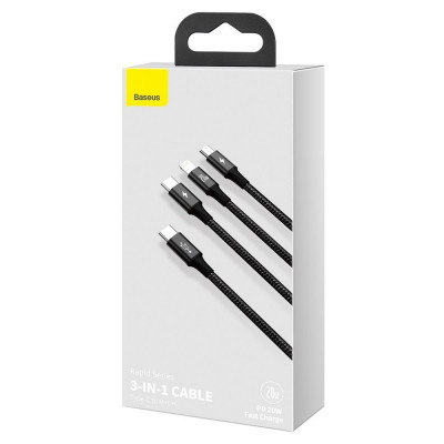 Baseus Rapid Series USB-C 3 az 1-ben kábel, Mikro USB / Lightning / USB-C, 20 W, 1,5 m, fekete