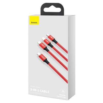 Baseus Rapid Series USB-C 3 az 1-ben kábel, mikro USB / Lightning / USB-C, 20 W, 1,5 m (piros)