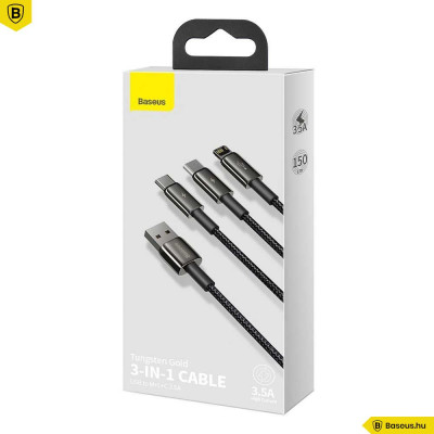 Baseus Tungsten Gold 3in1 Micro/Lightning/USB-C adat/töltőkábel 3,5A 1,5m - Fekete