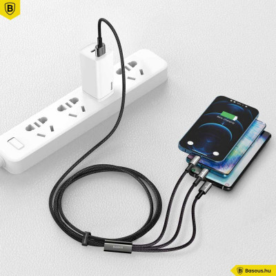 Baseus Tungsten Gold 3in1 Micro/Lightning/USB-C adat/töltőkábel 3,5A 1,5m - Fekete