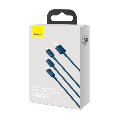 Baseus Superior Series 3 az 1-ben USB-kábel, USB-Micro USB / USB-C / Lightning, 3,5 A, 1,5 m, kék
