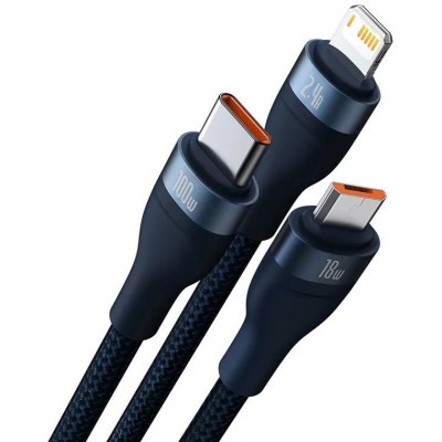 Baseus Flash series 3 az 1-ben USB kábel, USB-C / micro USB / Lightning, 100W, 1.2m, kék