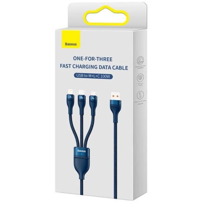 Baseus Flash series 3 az 1-ben USB kábel, USB-C / micro USB / Lightning, 100W, 1.2m, kék