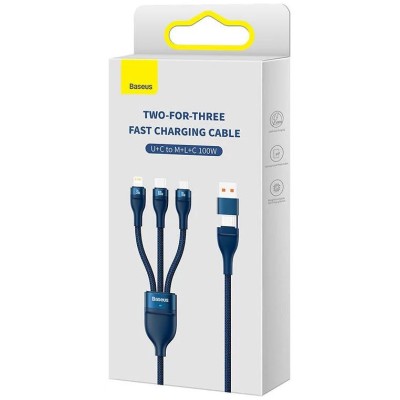 Baseus Flash Series 2 3 az 1-ben USB-kábel, USB-C + micro USB + Lightning, 100W, 1.2m (kék)