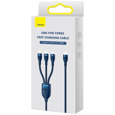 Baseus Flash Series 2 3 az 1-ben USB-C kábel, USB-C + micro USB + Lightning, 100W, 1.5m (kék)