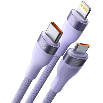 Baseus Flash Series 2, 3 az 1-ben USB-C kábel, USB-C + micro USB + Lightning, 100W, 1.5m (Ibolya)