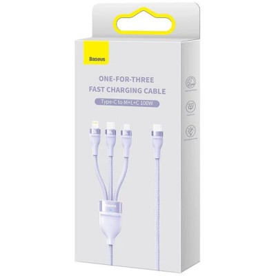 Baseus Flash Series 2, 3 az 1-ben USB-C kábel, USB-C + micro USB + Lightning, 100W, 1.5m (Ibolya)