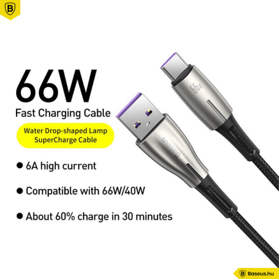 Baseus Water Drop USB-C adat/töltőkábel 66W 6A 1m - Fekete