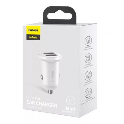 Baseus Grain Pro 2x USB 4.8A autós töltő, fehér