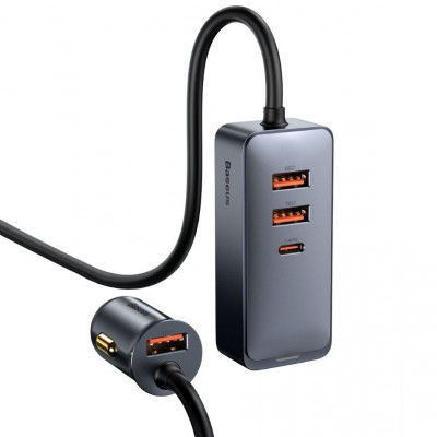 Baseus Share Together autós töltő hosszabbítóval, 3x USB, USB-C, 120W, szürke