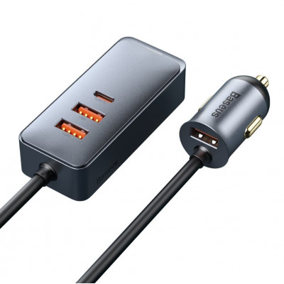 Baseus Share Together autós töltő hosszabbítóval, 3x USB, USB-C, 120W, szürke