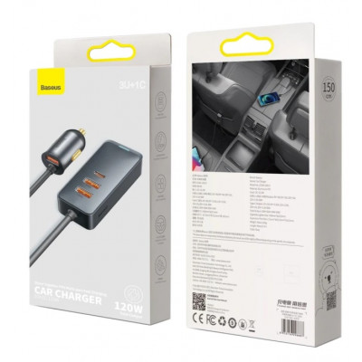 Baseus Share Together autós töltő hosszabbítóval, 3x USB, USB-C, 120W, szürke