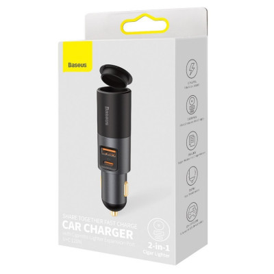 Baseus Share Together Gyors autós töltő szivargyújtó aljzattal, USB + USB-C, 120 W, szürke