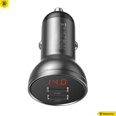 Baseus autós töltő 2USB 4.8A 24W LCD kijelzővel - Szürke