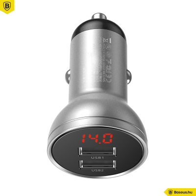 Baseus autós töltő 2USB 4.8A 24W LCD kijelzővel - Ezüst
