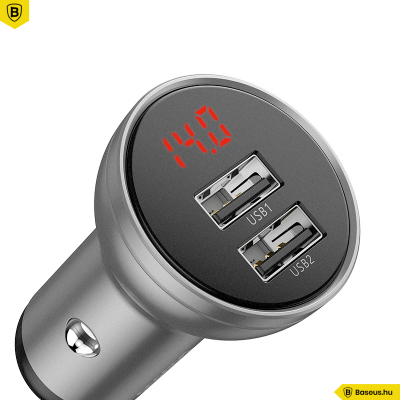 Baseus autós töltő 2USB 4.8A 24W LCD kijelzővel - Ezüst