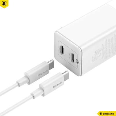 Baseus GaN2 hálózati gyorstöltő C + C 45W C-típusú 1m kábellel 60W (20V/3A) - Fehér