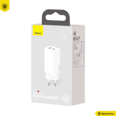 Baseus GaN2 Lite fali töltő, USB + USB-C, 65 W, EU - Fehér