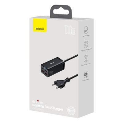 Baseus GaN3 Pro univerzális gyorstöltő 2 x USB-C / 2x USB, 100W, PD3.0, QC4.0, AFC, fekete