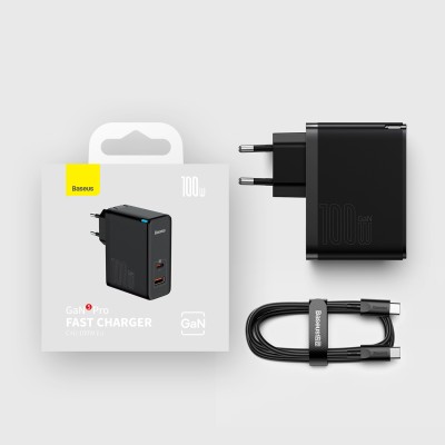Baseus GaN5 Pro USB-C + USB hálózati töltő, 100W + 1m USB-C kábel (fekete)