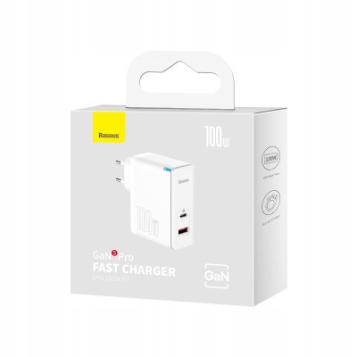 Baseus GaN5 Pro USB-C + USB hálózati töltő, 100W + 1m USB-C kábel (fehér)