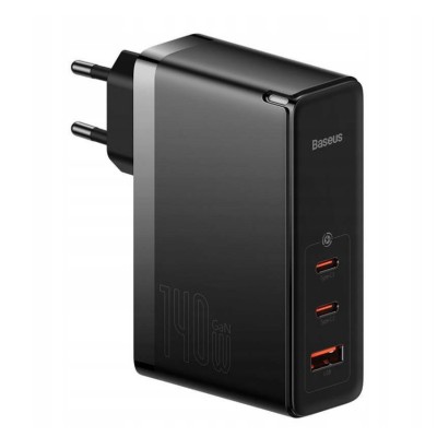 Baseus GaN5 Pro Gyorstöltő, hálózati töltő, 2xUSB-C + USB, 140W (fekete)