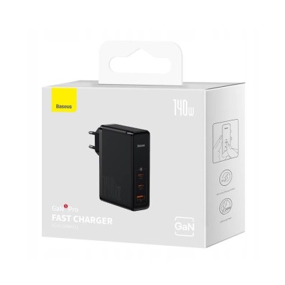 Baseus GaN5 Pro Gyorstöltő, hálózati töltő, 2xUSB-C + USB, 140W (fekete)
