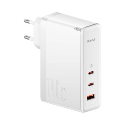 Baseus GaN5 Pro Gyorstöltő, hálózati töltő, 2xUSB-C + USB, 140W (fehér)