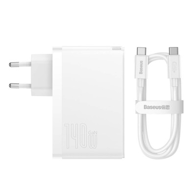 Baseus GaN5 Pro Gyorstöltő, hálózati töltő, 2xUSB-C + USB, 140W (fehér)
