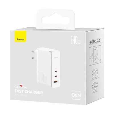 Baseus GaN5 Pro Gyorstöltő, hálózati töltő, 2xUSB-C + USB, 140W (fehér)
