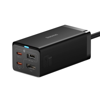 Baseus GaN5 Pro asztali gyorstöltő USB + 2x USB-C + HDMI, 67W 1,5 m-es tápkábellel + USB-C - USB-C adatkábel, 100W (20V/5A), 1m, fekete